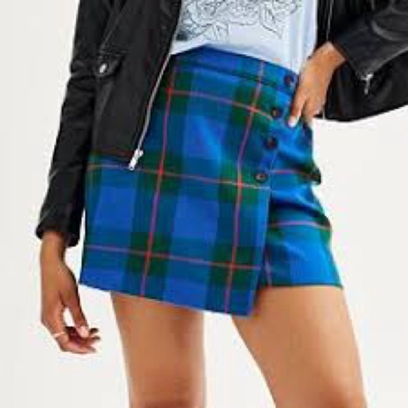 Tartan Asymmetrical Button Front Blue Plaid Mini Skirt Preppy Academia XSmall - Picture 1 of 3